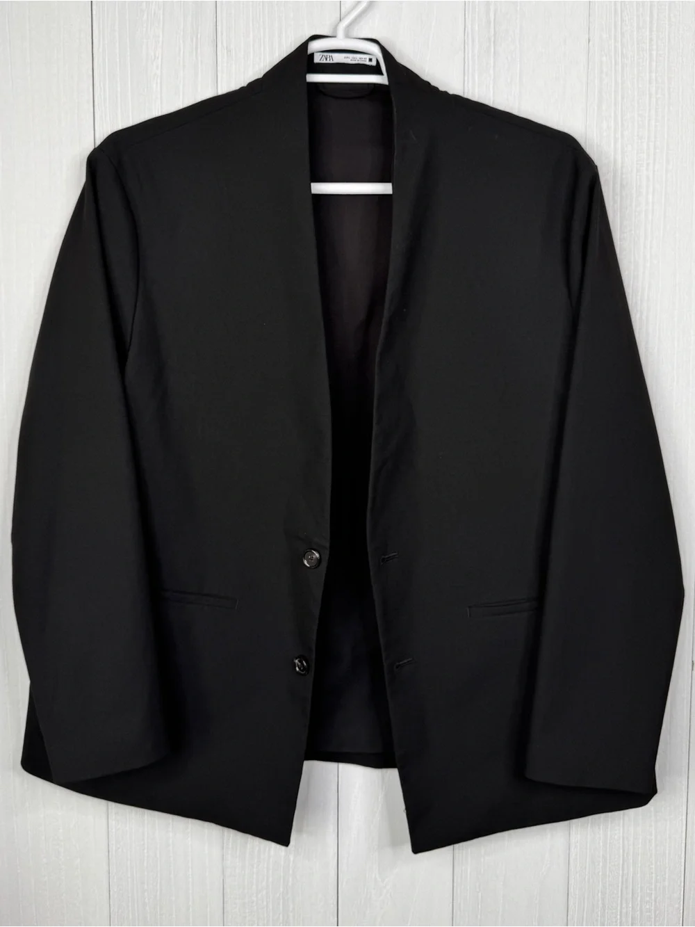Zara Men Black Minimalist Sport Coat | collarless single-breasted blazer
